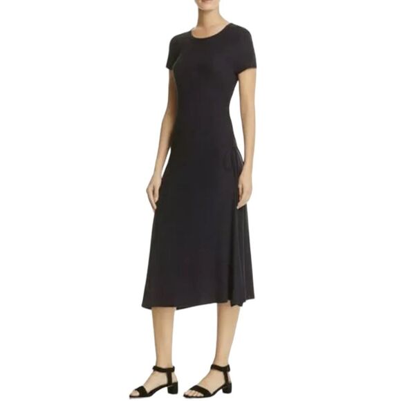 Theory Womens Black Midi Dress Jilaena Jersey Knit Ruched Short Sleeve SZ Small